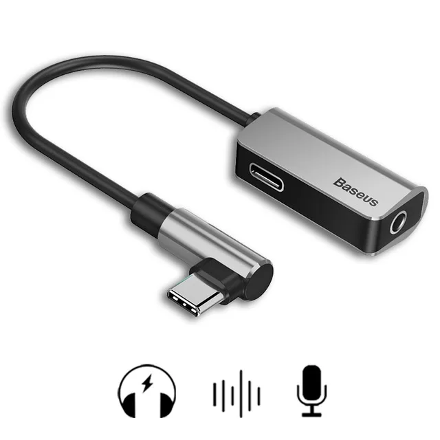 Silver Black Baseus локоть usb type C адаптер для huawei P20 Pro 2 в 1 USB C до 3,5 мм разъем зарядный кабель наушники адаптер для Xiaomi 6 8 - Цвет: Silver Black