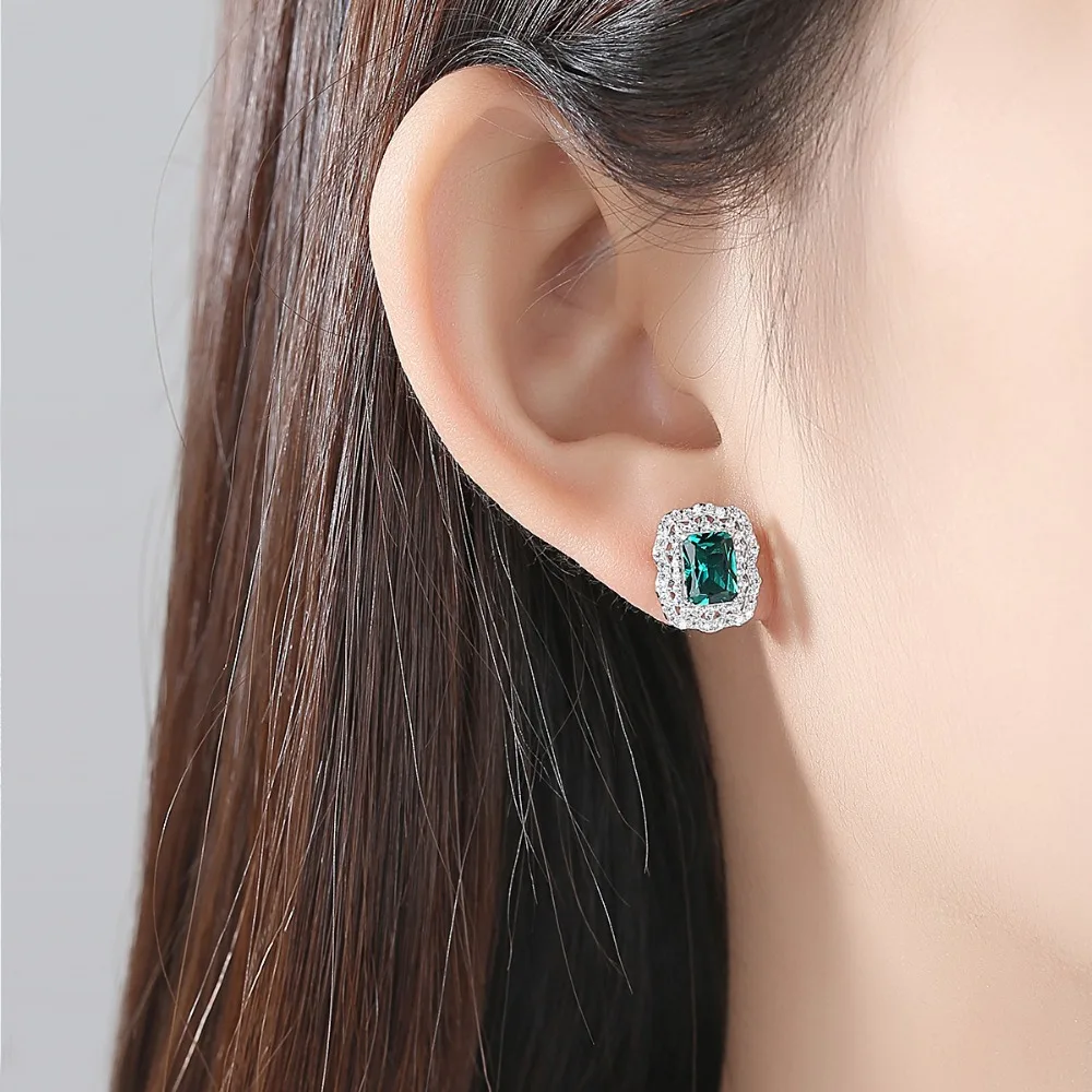 CZCITY Mystic Cutting Luxury Emerald Stud Earring For Women Shining Double Zircon Temperament Wedding Silver 925 Jewelry | Украшения и