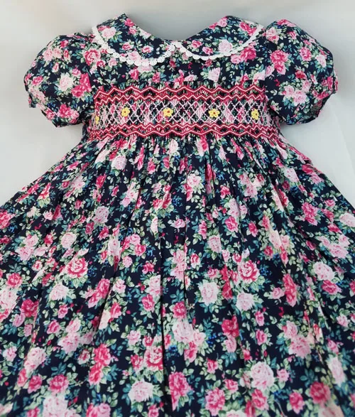Spring Summer Girls Smocking Embroidery Dresses Floral Prints Doll Dress For kids Girl Princess Smocked Party Dresses - Цвет: Черный