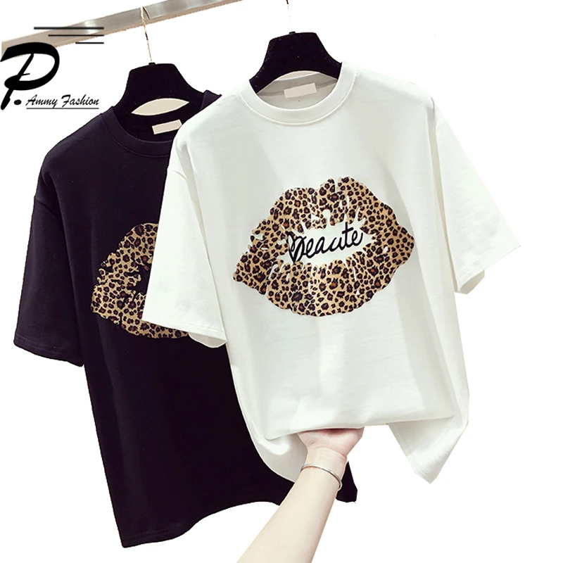 Для женщин футболка 2019 Leopard рот печати Футболка женская летняя плюс Размеры