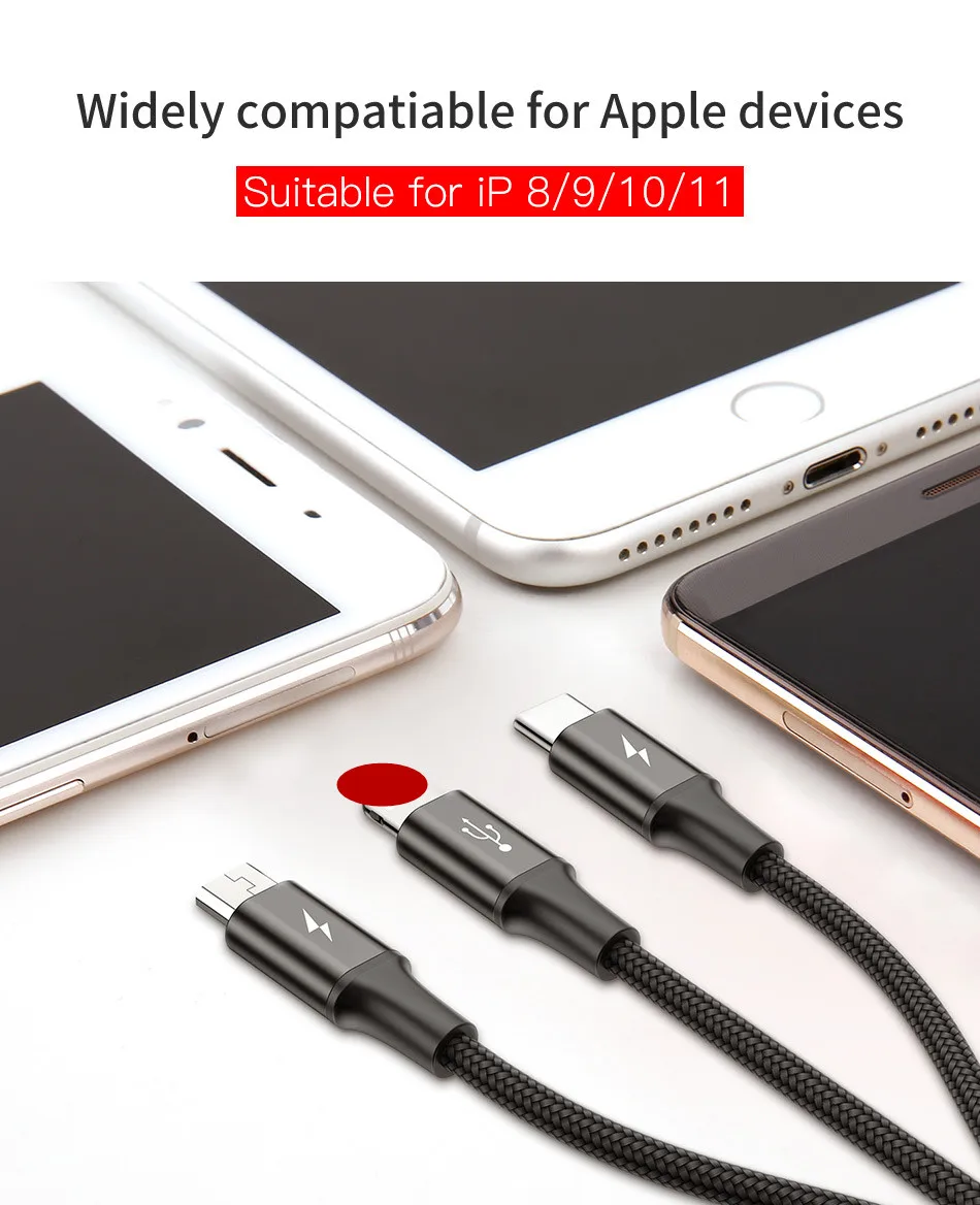 200cm All In One For Lightning 8Pin Micro USB Type C Data Cord Fast Charging 2M USB Cable For iPhone7 8 Xs Xiaomi Huawei Samsung