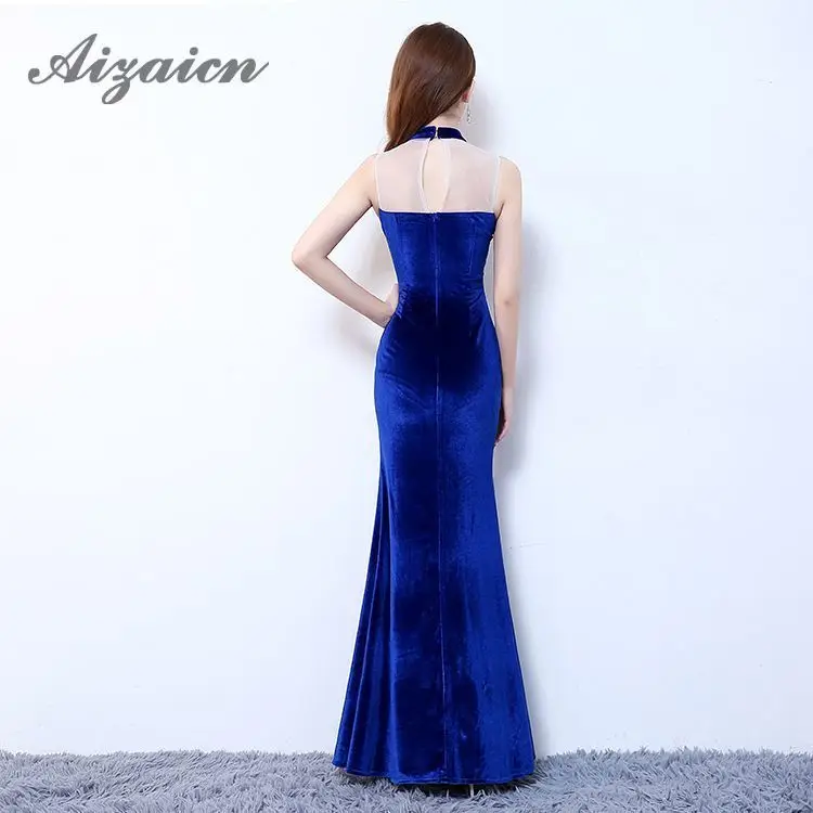 Qipao – robe de soirée chinoise longue, transparente, Sexy, sans manches, bleue, fente ouverte, dos nu, broderie Cheongsam, 2020