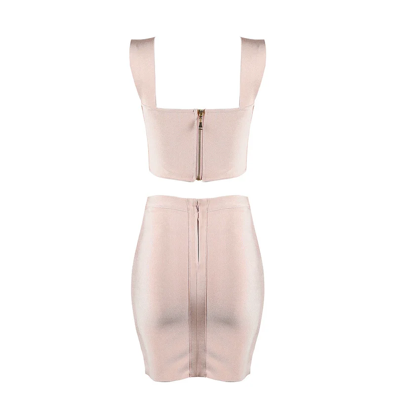 Leger Babe Square Collar Without Sleeve Back Zipper Short Top Sexy Elastic Package Hip Mini Party Dress Two Pieces Set Clubwear