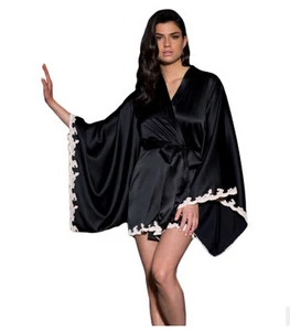Пижама-кимоно Женская шелковая, пикантная одежда для сна, черный цвет, LC22510, на осень, 2016