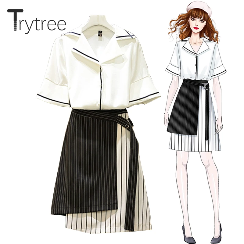 Trytree, летний женский комплект из двух предметов, повседневный однобортный Топ+ юбка, пэчворк, полосатый пояс, костюм для офисной леди, комплект из 2 предметов