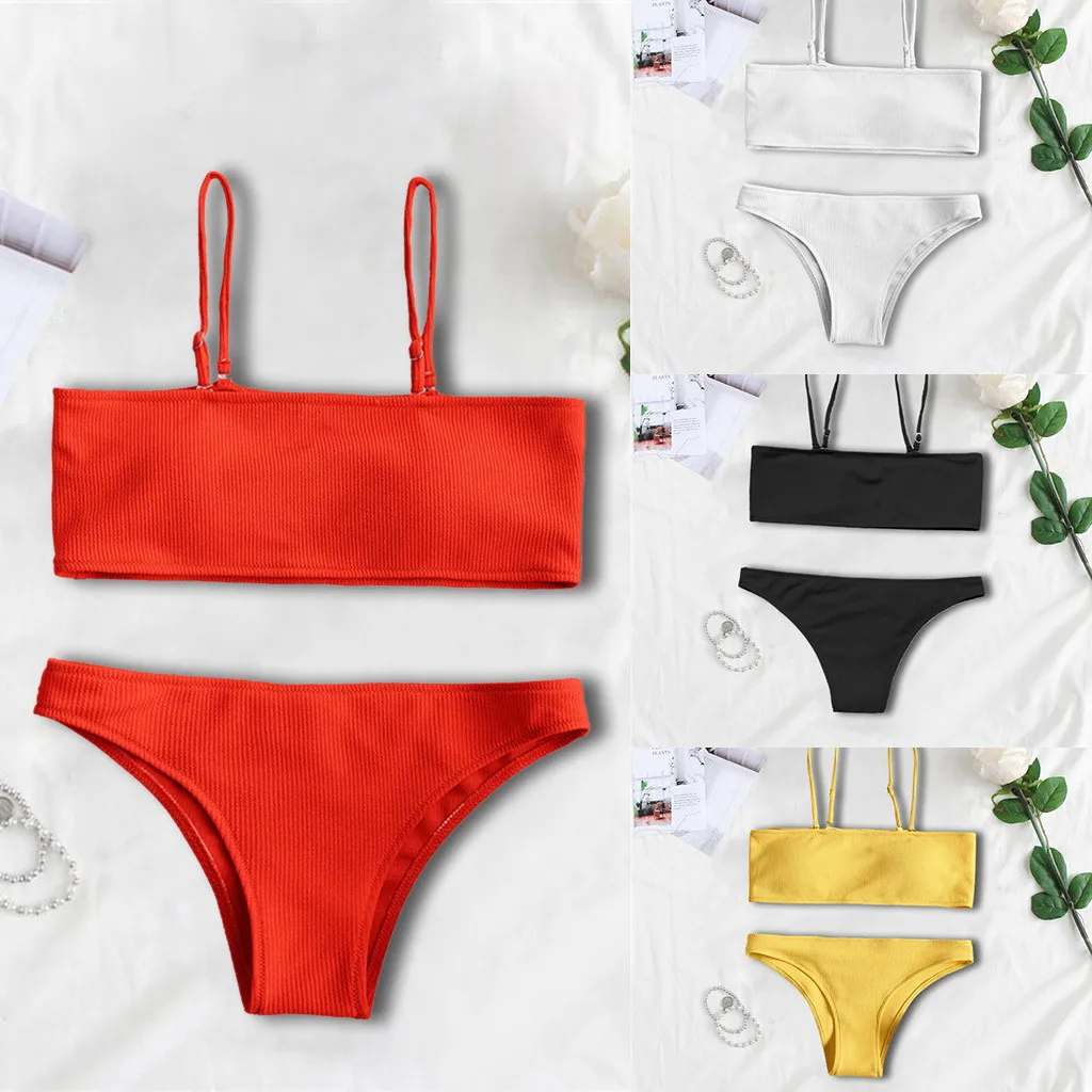 Fashion Lady Pure-Color Red Tube Top Bandeau Sexy Mid Waist Padded Bikini Bra Triangular Bathing Suit Summer Swimsuit Swimwear |