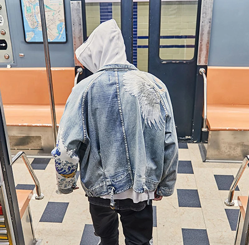 US Size Crane Embroidery Jeans Men Blue Coat Denim Jacket Orersize Loose Coats Vintage Hip Hop Fashion DG89 | Мужская одежда