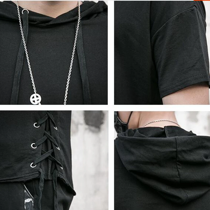 Streewear Для мужчин уникальная Двусторонняя шнурок летние футболка с капюшоном