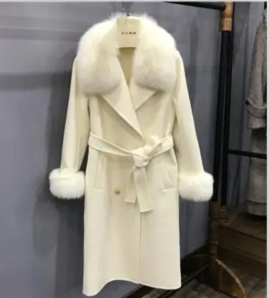 WHITE Качающийся потрясающий натуральный бренд Fox fur Trim из шерсти ягнёнка шерстяной Тренч пальто плюс размер осень зима меховые пальто abrigo mujer - Цвет: WHITE