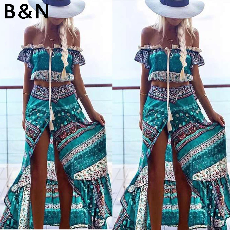 Женское платье с вырезом лодочкой Boho асимметричный костюм из двух предметов