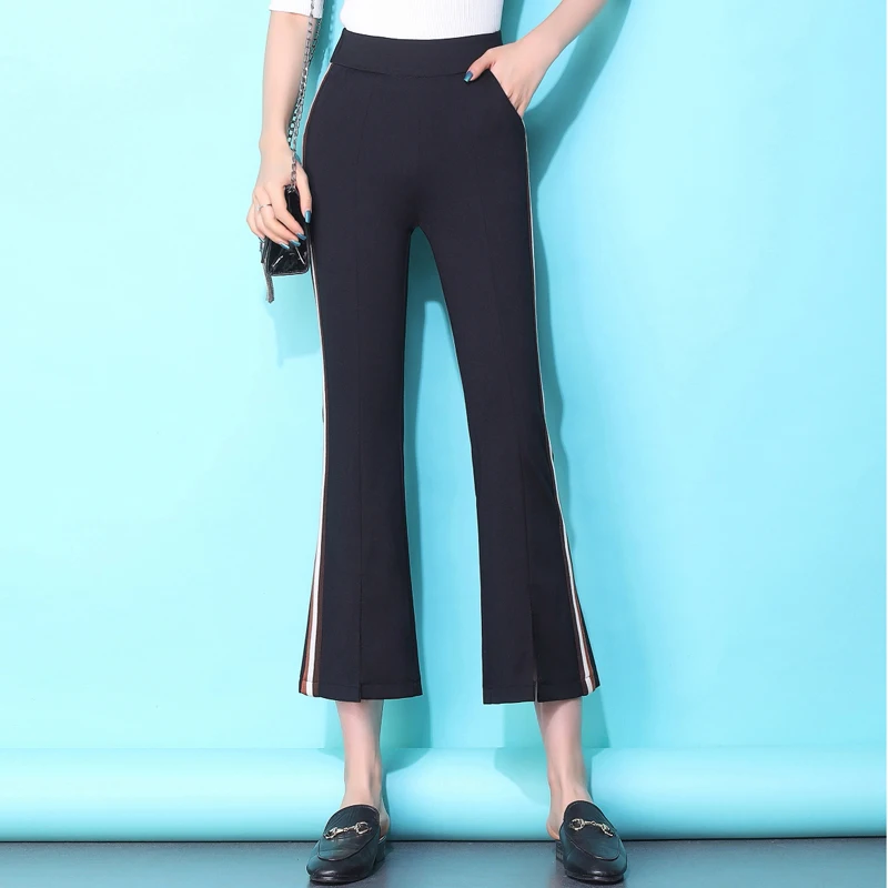 Flared Pants Women 2019 Ankle Length Female Striped Joggers Elastic Waist Plus Size 3XL Ladies Sweatpants High Stretch | Женская одежда