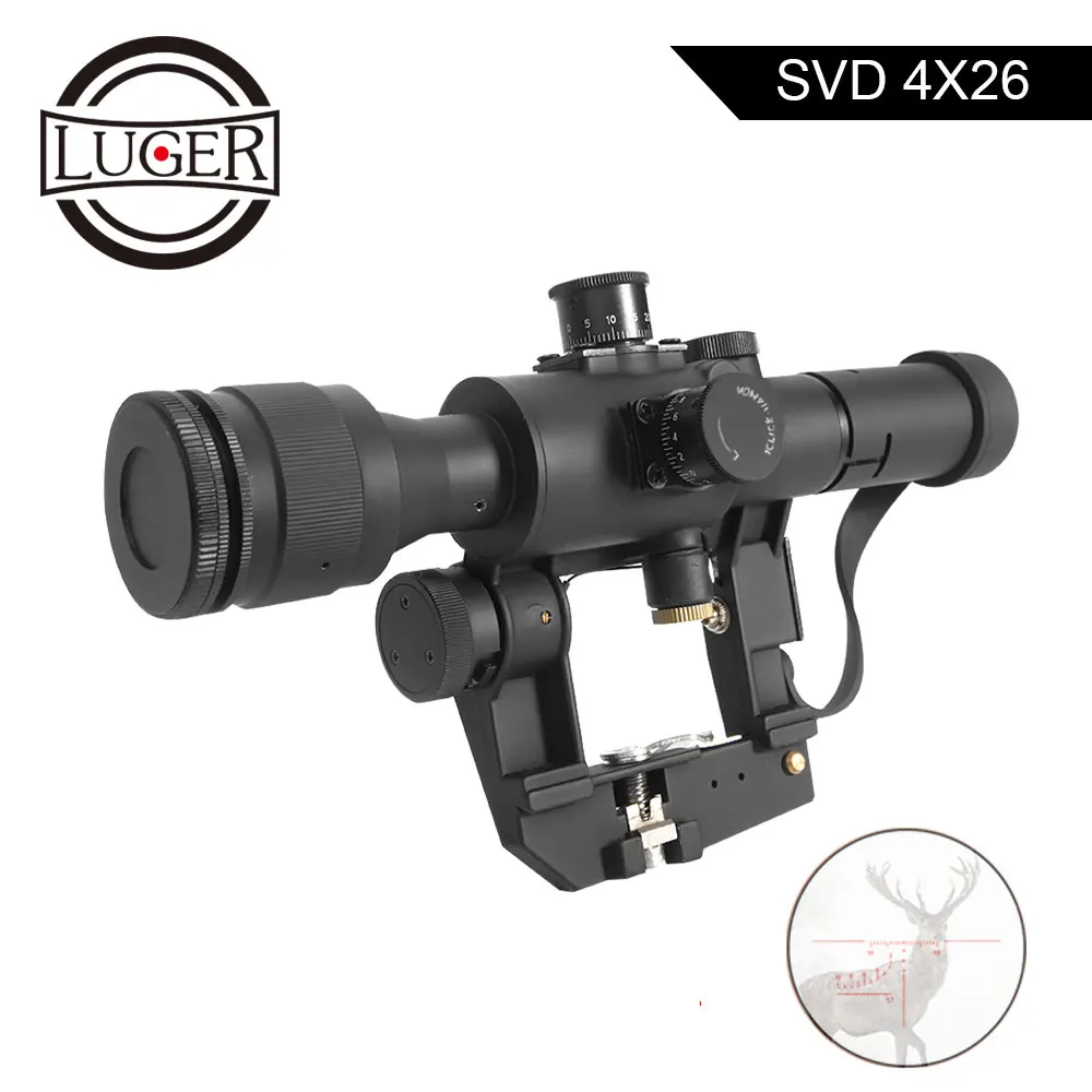 Тактический прицел LUGER SVD Dragunov Optics 4x26 красный с подсветкой красной точкой для