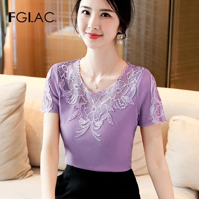 FGLAC 4XL, женские летние топы, модные, повседневные, короткий рукав, Сетчатая футболка, элегантная, тонкая, открытая, кружевная рубашка размера плюс, женские топы