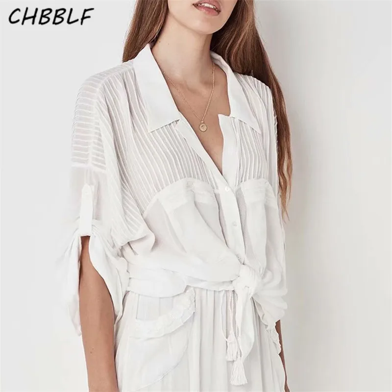 CHBBLF для женщин Повседневное рубашка в полоску отложной воротник четверти рукав