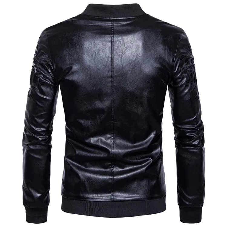 

2018 Brand Man Zipper Leather Jackets Pu Leather Collar Embroidered Leather Jacket Men Black Motorcycle Leather Jacket XXL