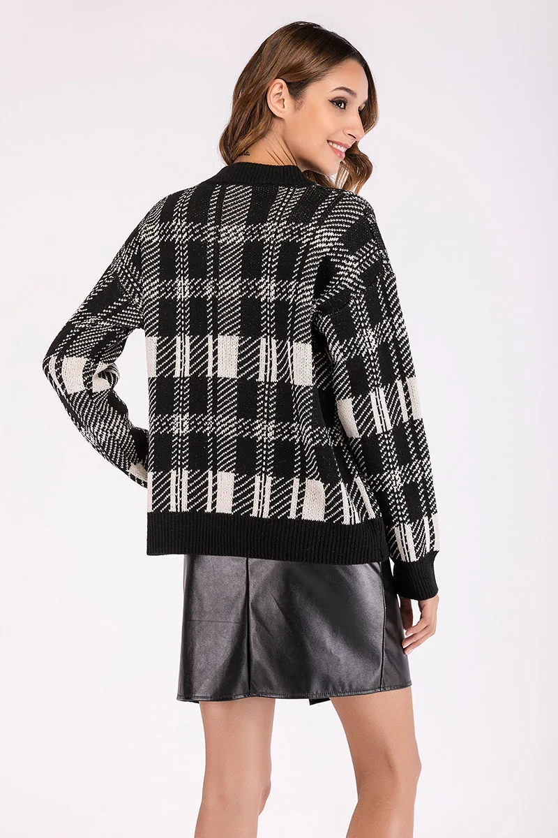 Winter O-Neck Sweater Women Pullover Warm Female Plaid Print Wild Basic Autumn Knitted Loose | Женская одежда