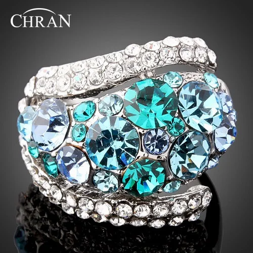 

CHRAN Classic Rhodium Plated Light Bule Crystal Engagement Rings for Women Exquisite Ladies Vantine Gift