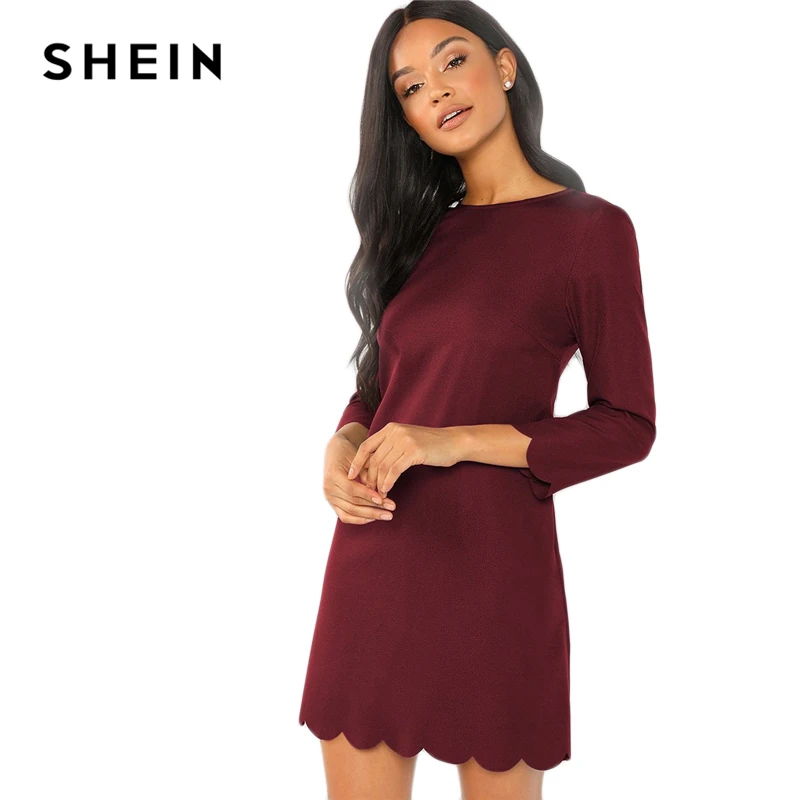 SHEIN бордовое офисное женское платье-туника с круглым вырезом и рукавами 3/4, осень, элегантная рабочая одежда, женские платья