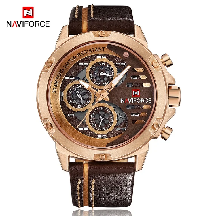 NAVIFORCE Мужские часы мужские спортивные наручные часы хронограф кварцевые часы мужские повседневные кожаные водонепроницаемые часы с циферблатом военные часы - Цвет: Brown Gold