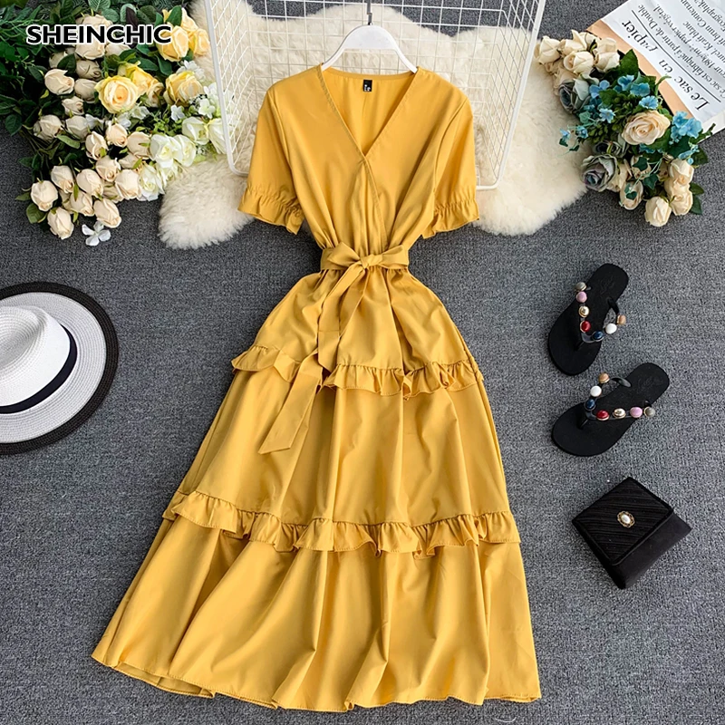 Женское винтажное платье средней длины элегантное с v образным вырезом оборками