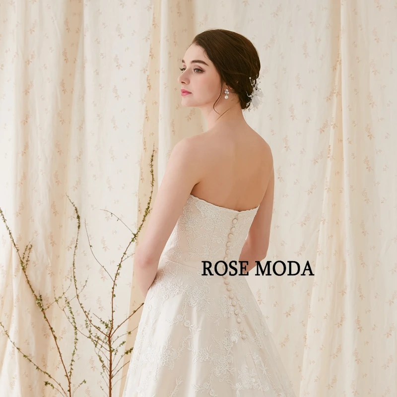 Розовое платье кружевное без бретелек цвета шампанского|a line wedding dress|chantilly lace