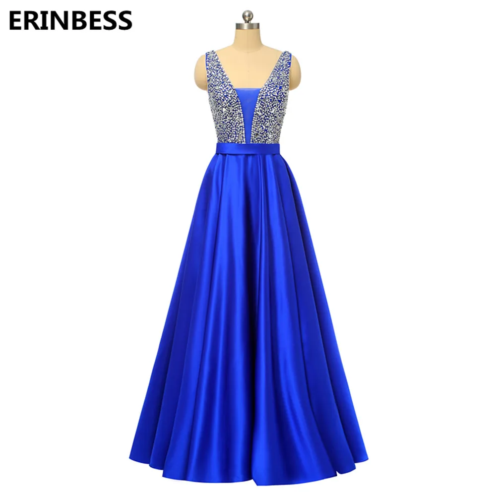 Royal blue Vestido de festa Longo, вечерние платья, длинное платье, темно-синее атласное с бусинами и v-образным вырезом, вечернее платье, вечерние платья - Цвет: Royal blue