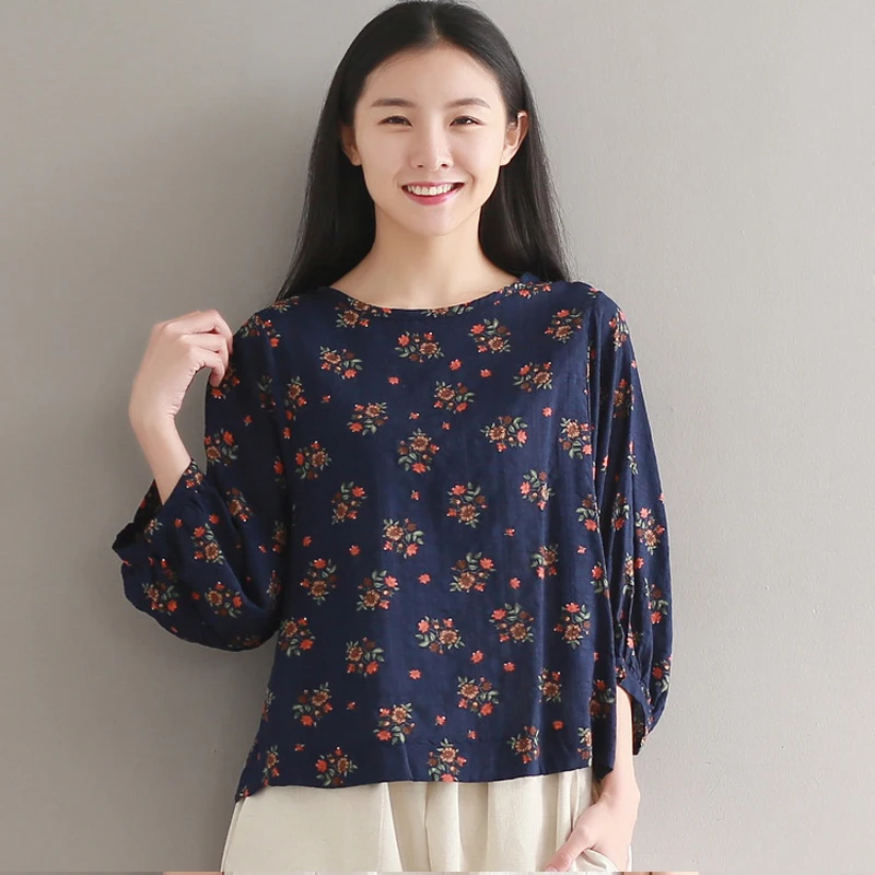 Navy blue Johnature, повседневные женские футболки, лето, новинка, круглый вырез, рукав-фонарик, с принтом, милые топы, хлопок, лен, винтажные футболки - Цвет: Navy blue