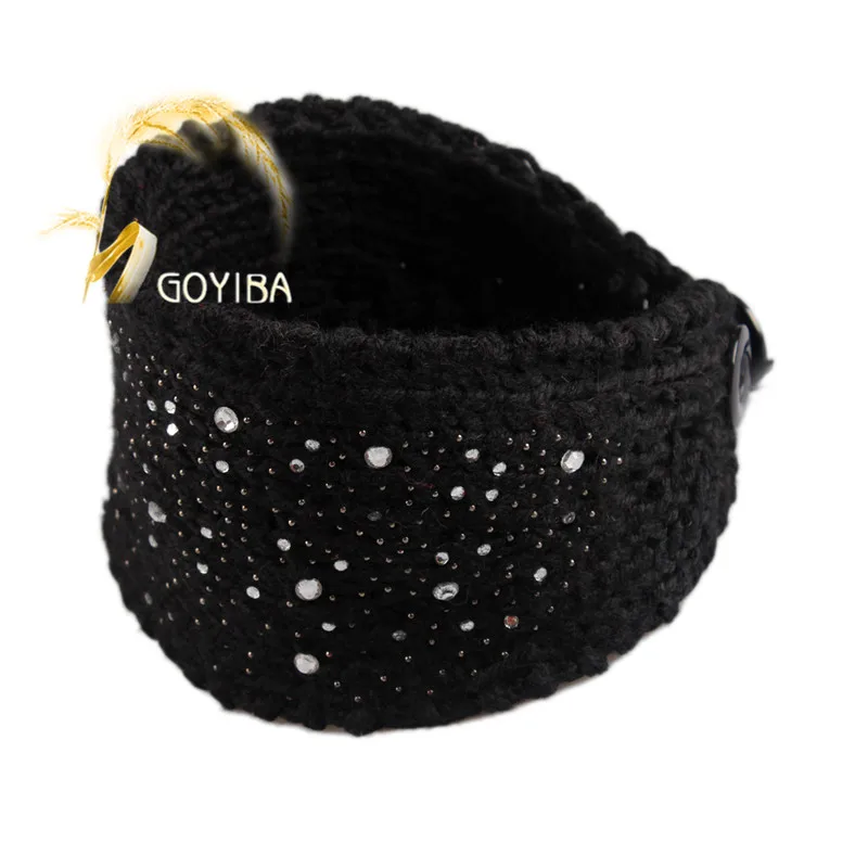 Black GOYIBA, 11 цветов, женская вязаная головная повязка со стразами, вязаная головная повязка с пуговицей, повязка на голову, грелка для ушей, тюрбан, повязка для волос 17,52*4,13" - Цвет: Black