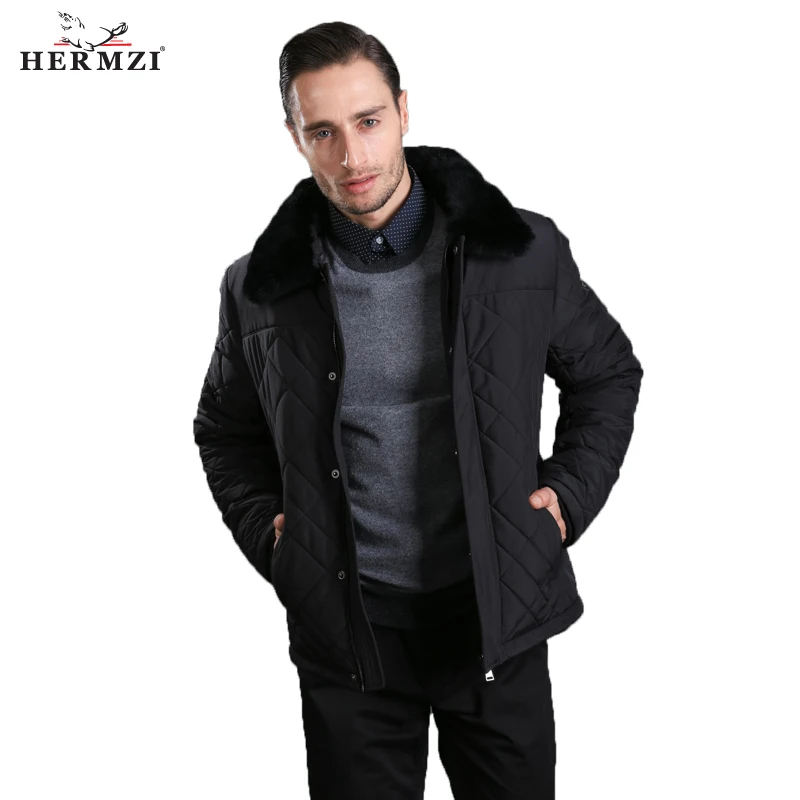 HERMZI 2022 New Winter Jacket Men Padded Jacket Coat Cotton Black Winter Coat Rex Rabbit Fur European Size Winter Clothes Men
