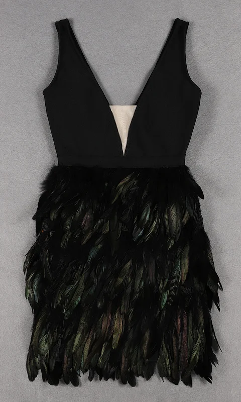 Черное уникальное Бандажное платье модное перо Bodycon Вечерние платья О колене