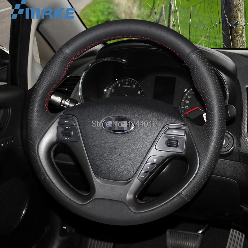 

For KIA K3 Black Leather DIY Hand Sewing steering wheel cover car accessories
