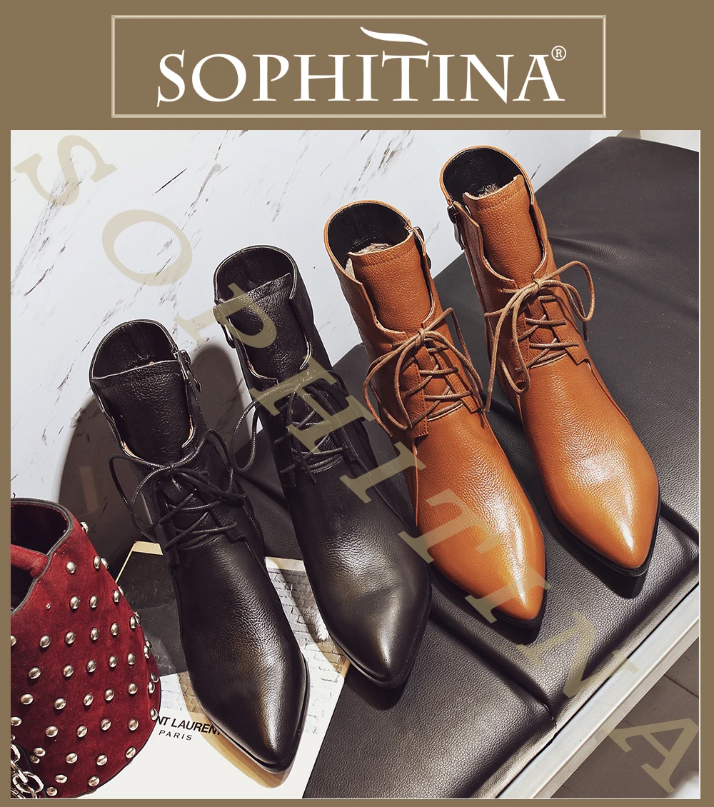 SOPHITINA/пикантные ботинки с острым носком; модные однотонные ботильоны из коровьей кожи высокого качества с перекрестной шнуровкой; женские ботинки специального дизайна; MO250