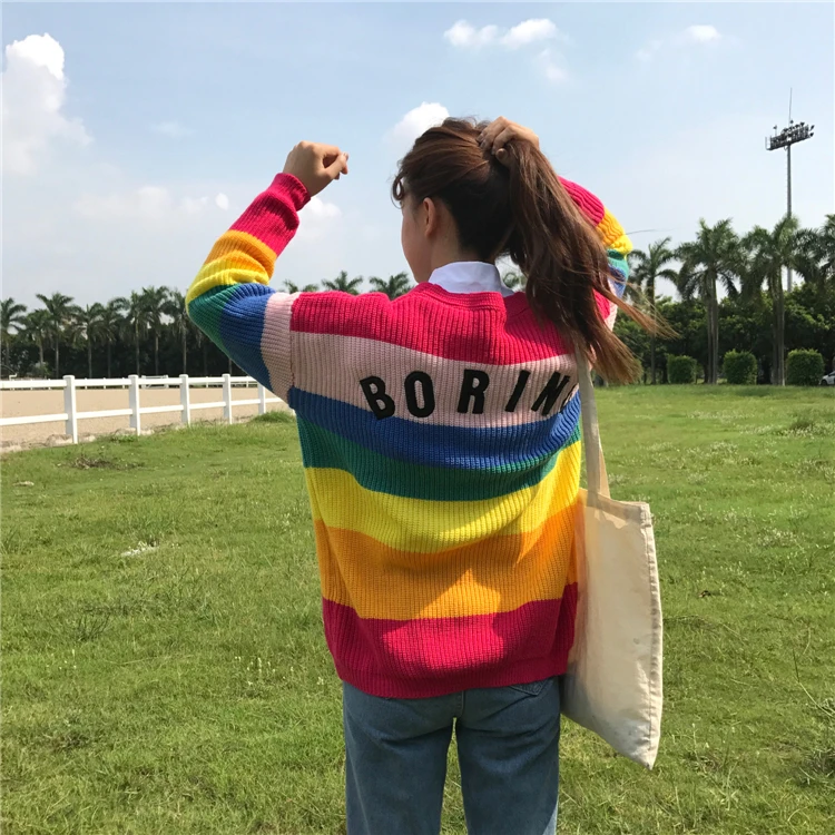 Runway Women's Sweater Kawaii Ulzzang Rainbow Striped Cardigan Embroidery Letters Knitted Female Harajuku Sweaters For Women |