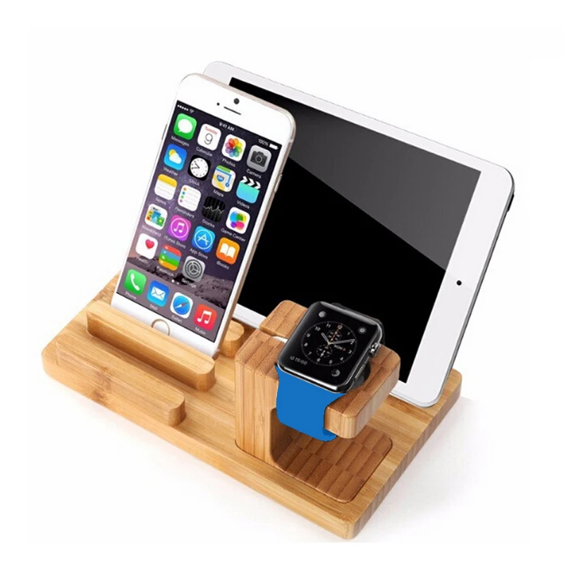 Desktop Mobile Phone Holder Stand for iPad Tablet Bracket Real Bamboo wood Charging Stand for Apple Watch Pad Phone Tablet