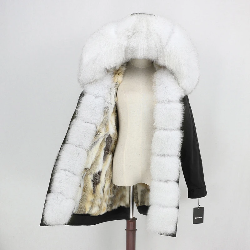 black white OFTBUY, пальто из натурального меха, зимняя куртка, Женская водонепроницаемая длинная парка, натуральный Лисий мех, воротник, капюшон, мех кролика, подкладка, верхняя одежда, съемная - Цвет: black white