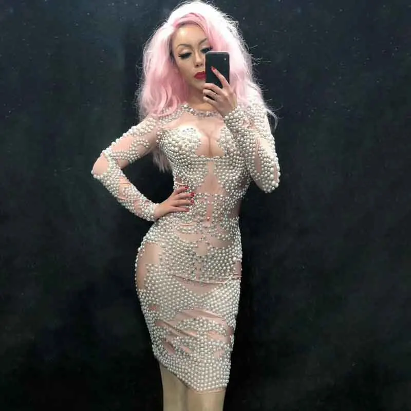 

DJ Dance Costume Pole Dance Clothing Pearl Dress Women Rhinestones Costume Prom Celebrate Party Dresses Evening Outfit DJ148