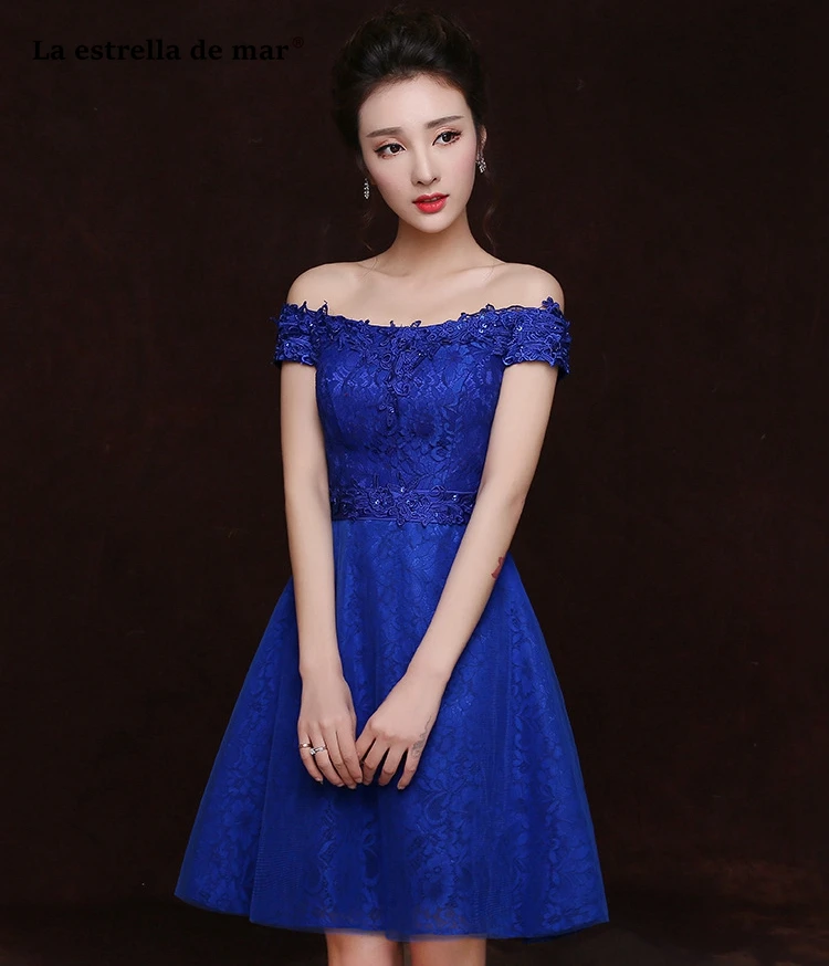 Ла звезда mar robe demoiselle d'honneur2019 кружевной вырез лодочкой короткий рукав трапециевидной формы королевский синий короткое платье подружки невесты Дешевые