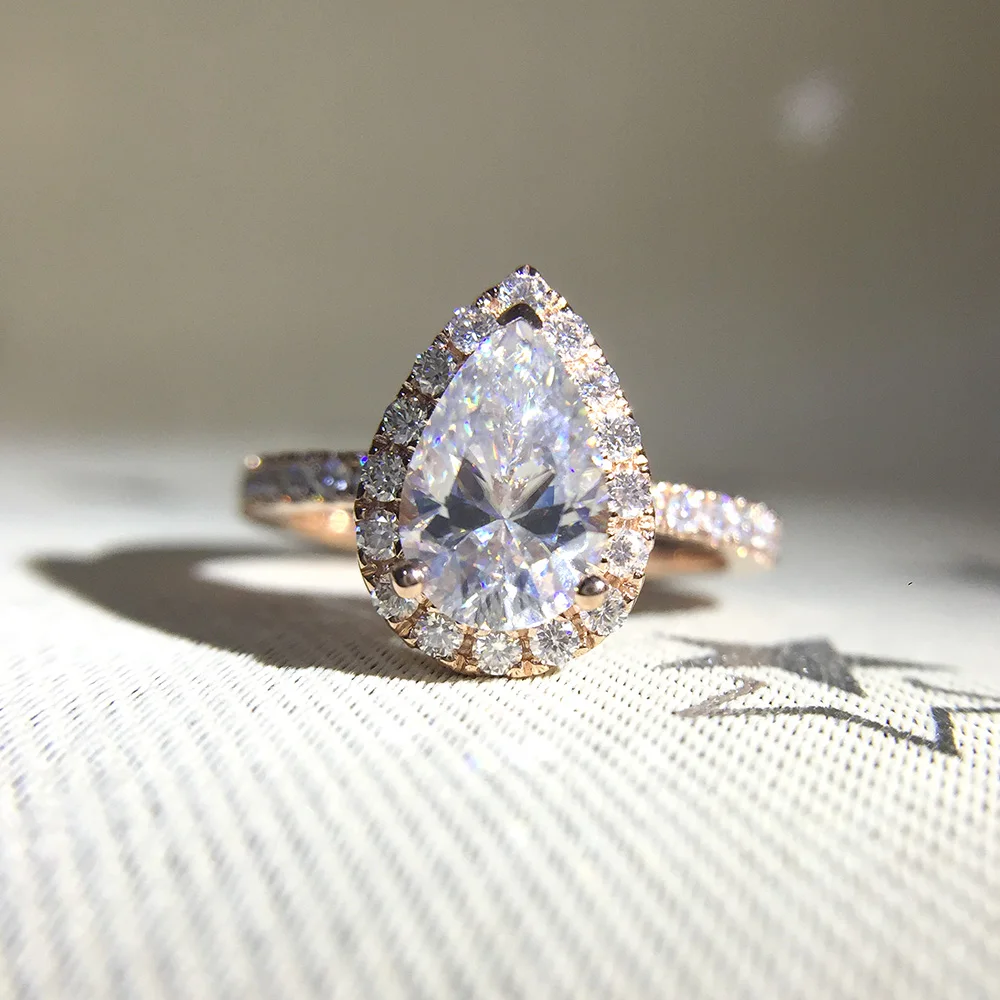 

1, 5ct 9x6 мм Муассанит с грушевидной огранкой, обручальное кольцо с ореолом, классическое 14K 585 розовое золото, набор колец с муассанитом, кольцо...