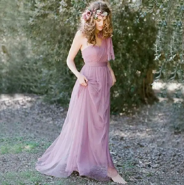 picture color Vestido madrinha2019 Новое Тюлевое платье трапециевидной формы с рукавами-крылышками фиолетового и розового цветов длинное свадебное платье для гостей под$50 - Цвет: picture color