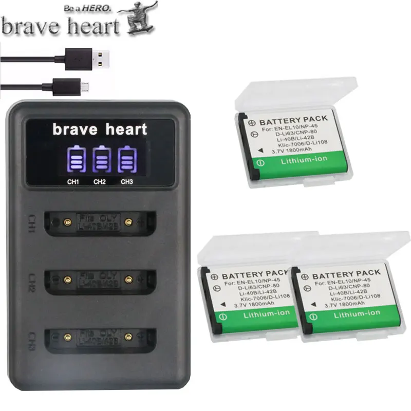 charger and 3battery Li-42B Li-40B Li ion аккумулятор 40B 42B Батарея+ 3 знака после слотов для карт Зарядное устройство для цифровой камеры Olympus Li-42B NP-45 для Nikon EN-EL10 D-Li63 D-Li108 NP-80 CNP80 KLIC-7006 - Цвет: charger and 3battery