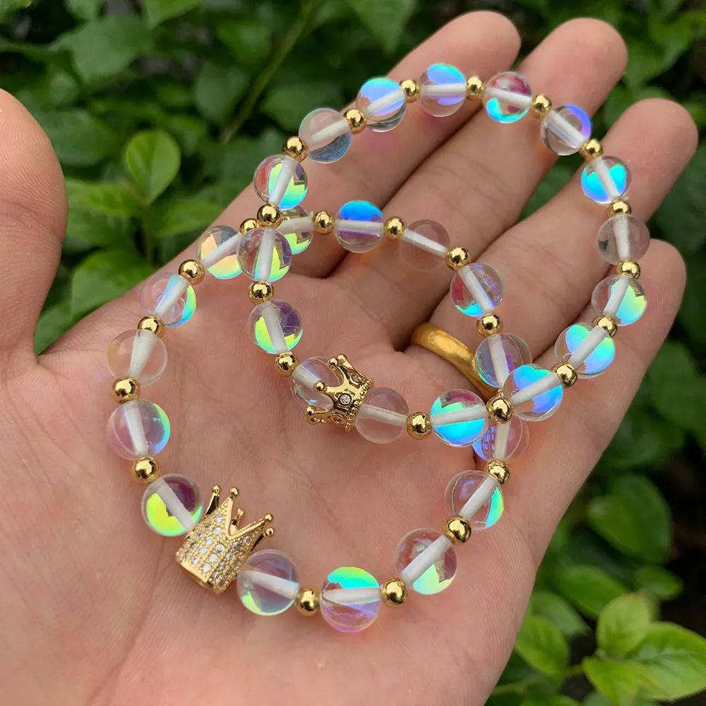 King Queen CZ crown women bracelets stone beads White Crystal Moonstone Bracelets &amp Bangle for jewelry accessories | Украшения и