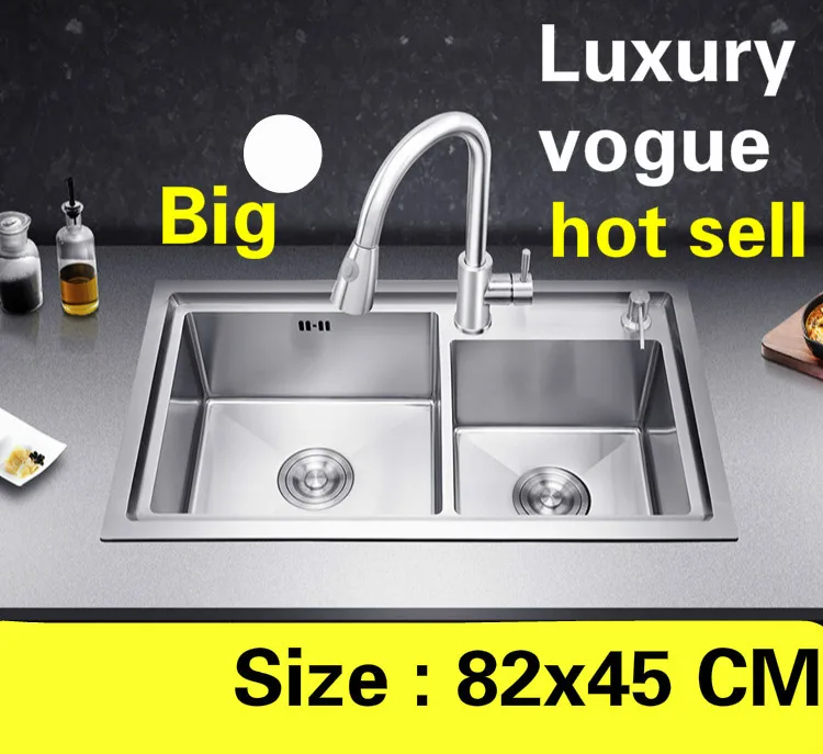 Free shipping Apartment big kitchen manual sink double groove do the dishes 304 stainless steel high quality hot sell 82x45 CM |