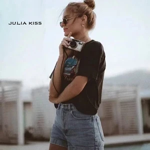 Женская хлопковая футболка с коротким рукавом и принтом