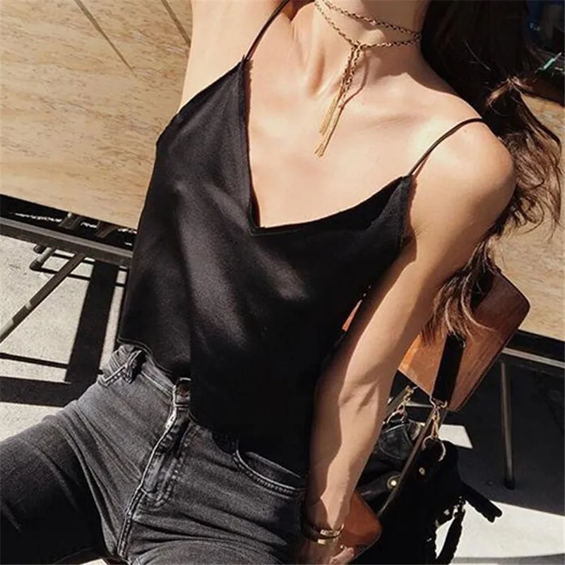 2017 Сексуальная Атласная Твердые V Шеи Fringe Спагетти Ремень Растениеводство Топы