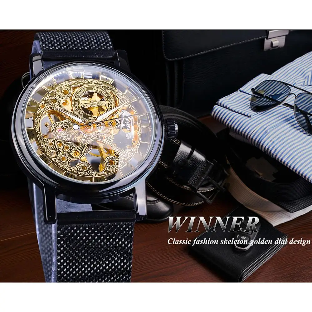 Winner 2019 Relogio Masculino Mechanical Watch Mens Golden Skeleton Transparent Slim Steel Mesh Band Casual Watches Reloj Hombre | Наручные
