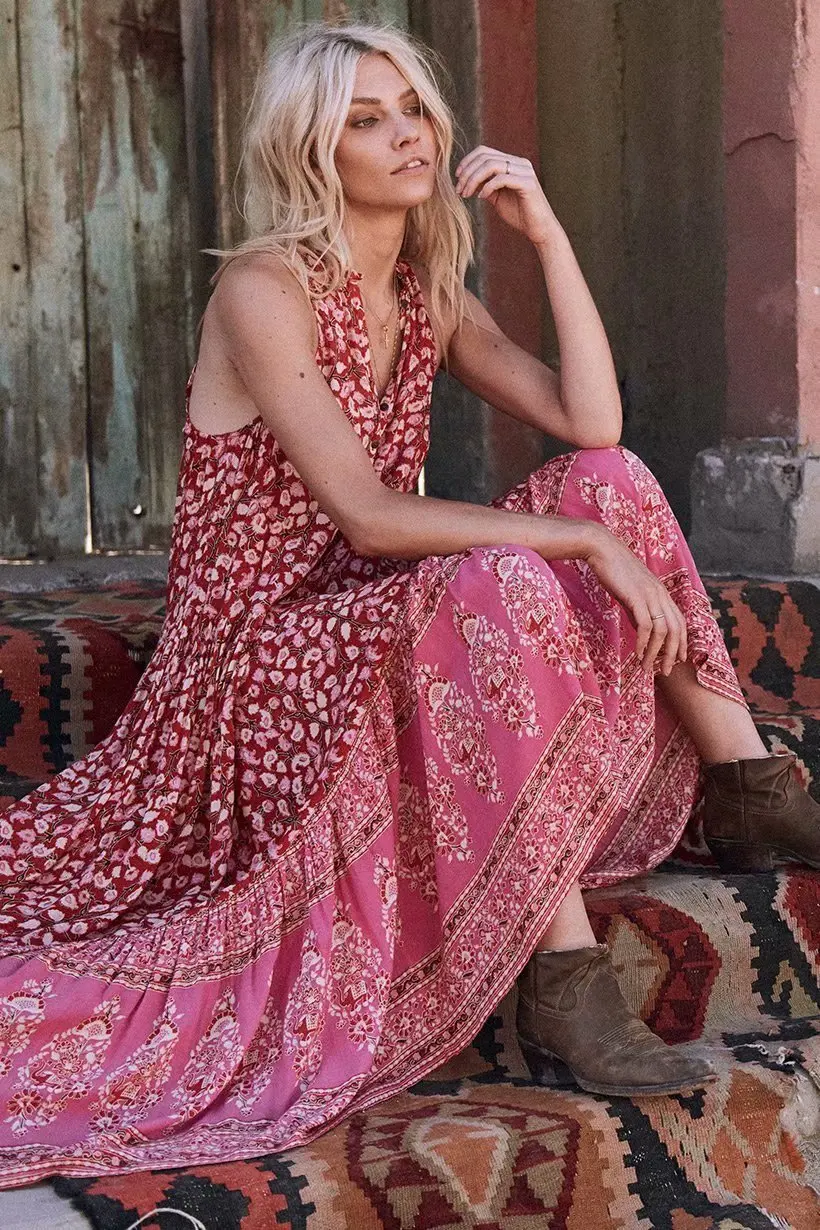 

2020 Women's Boho Dress Floral Printing Retro Rayon Beach Dress Sleeveless Front Button Maxi Dress Ruffles Loose Holiday Dress