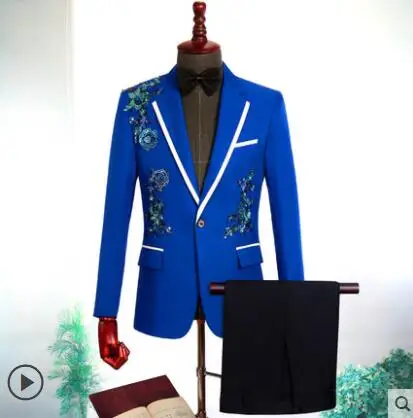 Blazer men groom suit set with pants sequin flower suits costume singer star style dance stage clothing formal dress blue white