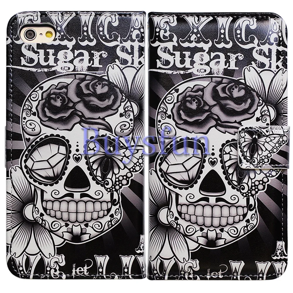 Bcov Sugar Skull Flower Flip Card Slot Wallet Leather Cover Case For iPhone 6/6S/6 PLUS/6S PLUS |