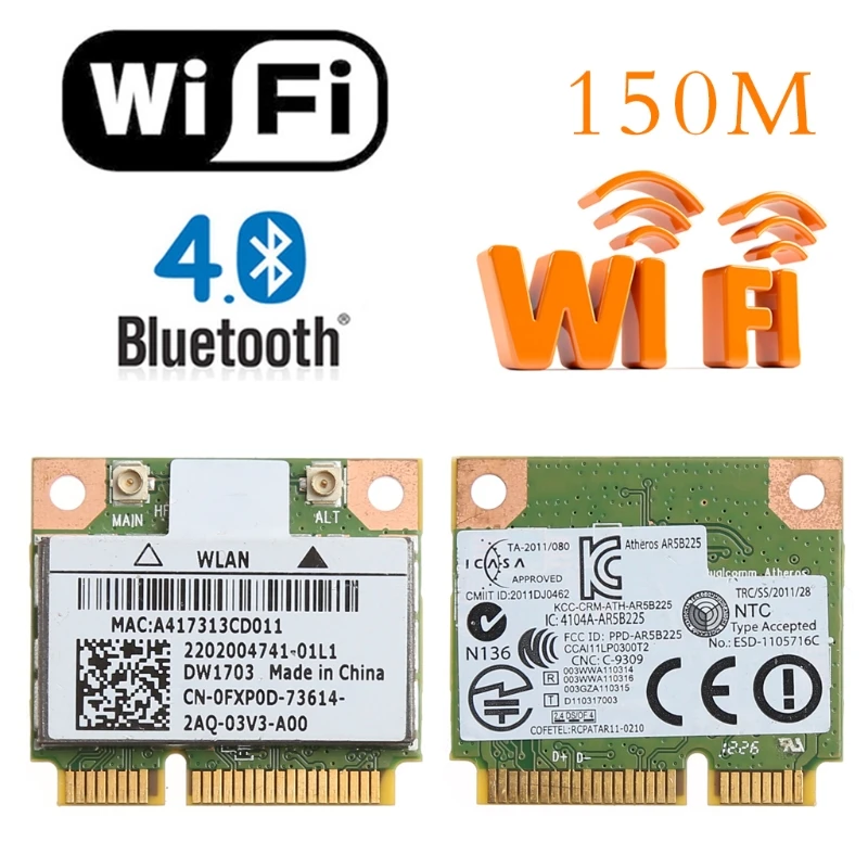 Bluetooth V4.0 Wifi Беспроводная мини PCI Express карта для Atheros AR5B225 DELL DW1703 CN 0FXP0D|Сетевые карты|