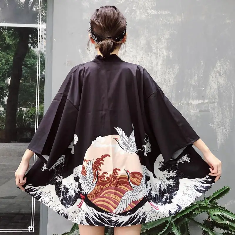 Haori японский стиль для женщин кимоно кардиган рубашка Летняя тонкая Свободная блузка с принтом Повседневная традиционная юката азиатская одежда - Цвет: Черный